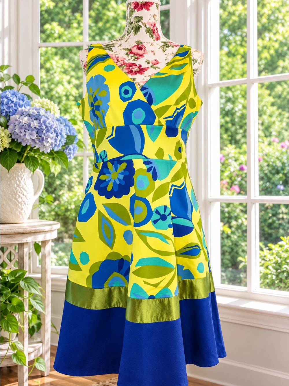 Donna Morgan Fit & Flare Dress Size 12 Yellow Blue Floral Cotton Silk Trim
